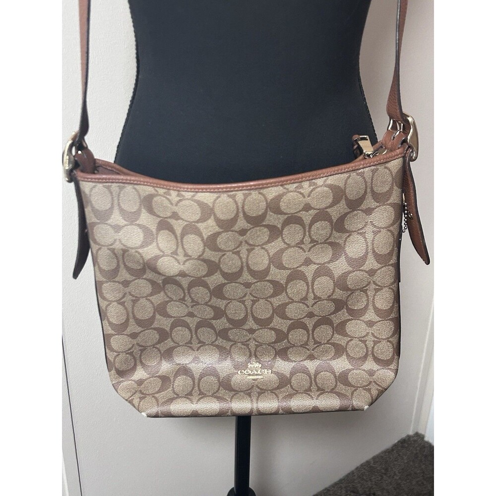 Coach C2819 Val Duffle Bag Signature Canvas Leather Brown Khaki Crossbody Sleek